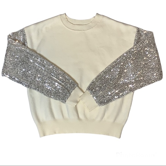 LUSH Sequin Sleeve Sweater Silver Cream Coquette Comfy Cozy Winter Sparkly Small - Picture 9 of 15